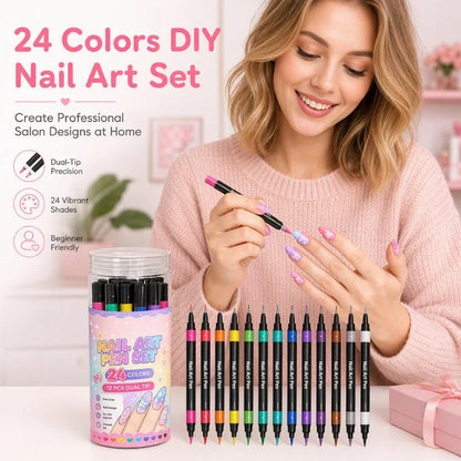 24-Farben Nail-Art-Stifte Set mit Doppelspitze – 12 Stifte